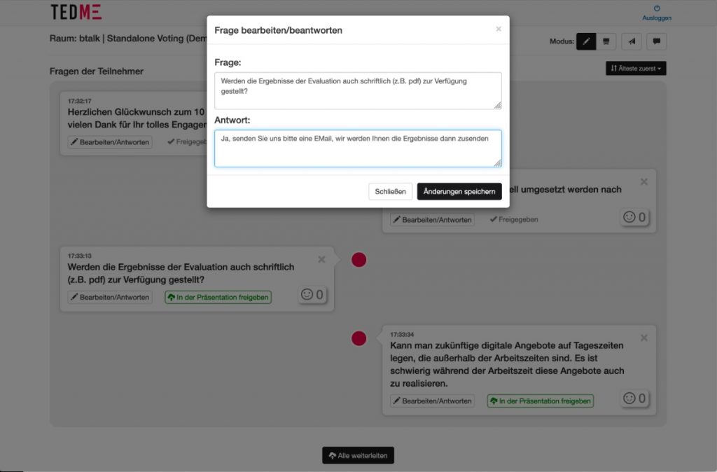 Beantwortung einer Zuschauerfrage mit dem Q&A-Modul von TEDME