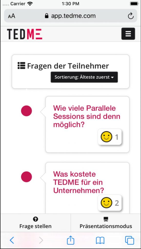 So sehen Fragen aus Sicht der Teilnehmer auf ihrem Smartphone aus. 