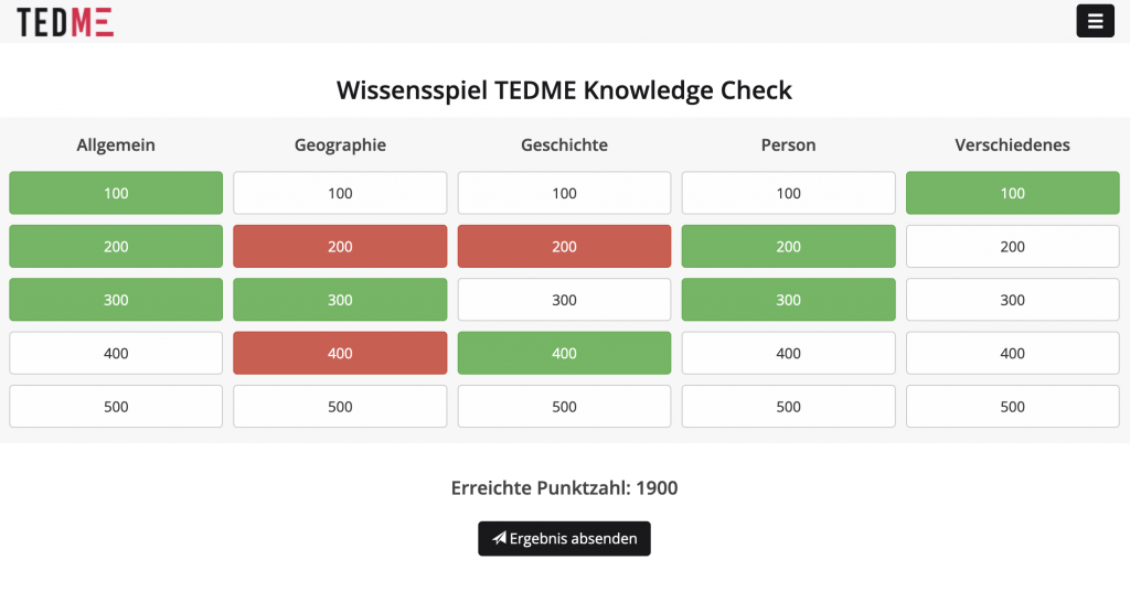 Wissensquiz im Jeopardy-Style mit TEDME