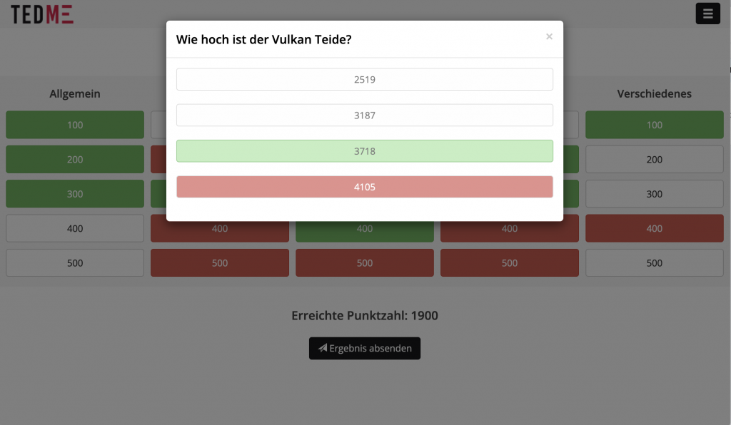 Wissensquiz mit TEDME | falsche Antwort Anzeige