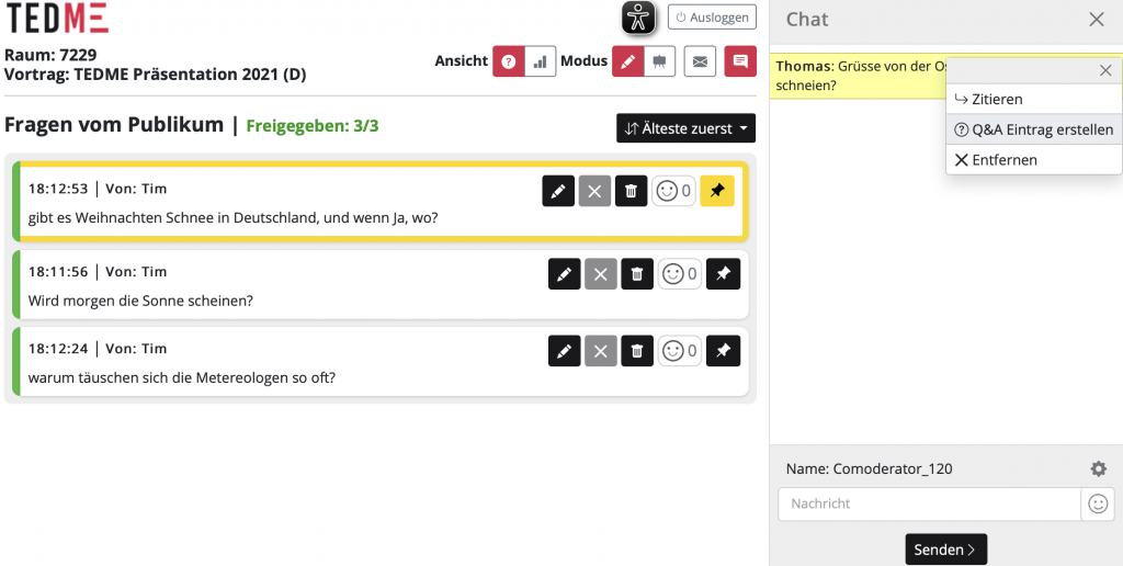 Übernahme von Chat Beiträgen ins Q&A Modul