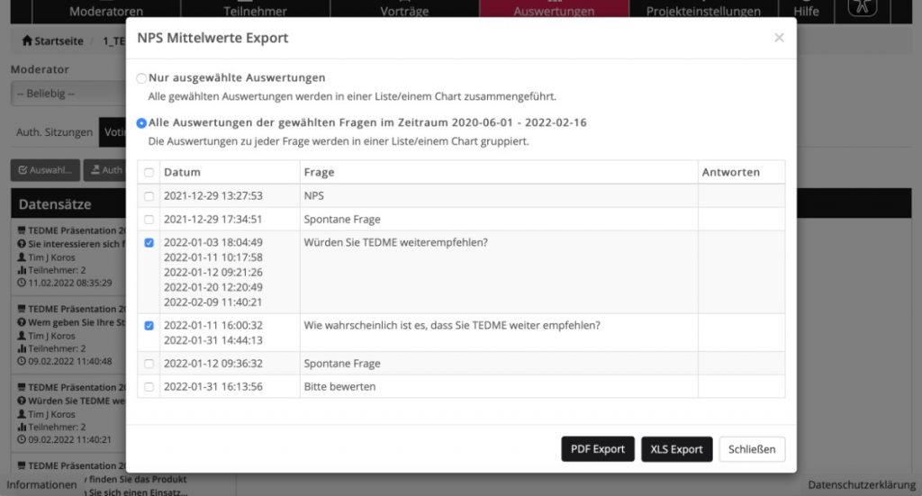 Export der entsprechenden Fragen